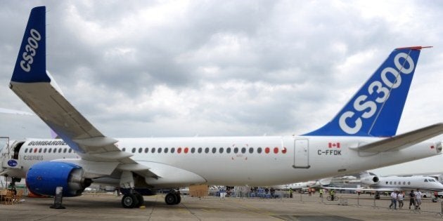 The Canadian Bombardier Commercial Aircraft's new jetliner Bombardier CS300 is pictured on the tarmac on the day of the presentation of the new Bombardier CSeries aircrafts a day prior to the opening of the International Paris Airshow at Le Bourget on June 14, 2015. AFP PHOTO / ERIC PIERMONT (Photo credit should read ERIC PIERMONT/AFP/Getty Images)