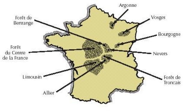 Carte des forêts de chêne en France