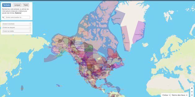 Une capture d'écran du site Territoires traditionnels, qui répertorie les territoires autochtones au Canada et dans plusieurs parties du monde