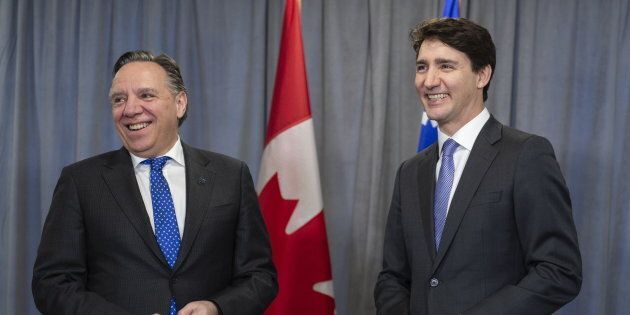 François Legault a rencontré Justin Trudeau en marge d'un caucus libéral à Sherbrooke, le 17 janvier 2019.