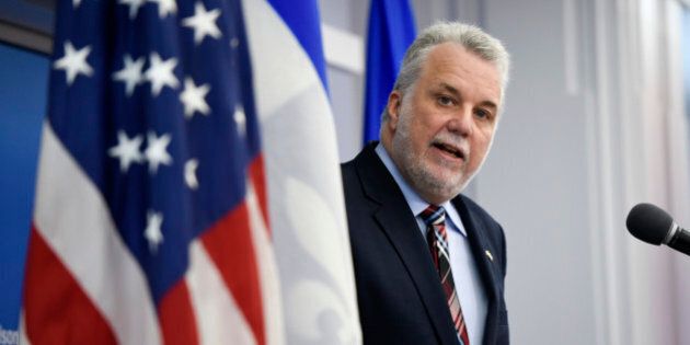 Quebec Premier Philippe Couillard speaks about trade and investment opportunities in Quebec at an event organized by the U.S. Chamber of Commerce and Canada Institute, Friday, Feb. 19, 2016, at the Woodrow Wilson Center in Washington. (AP Photo/Sait Serkan Gurbuz)