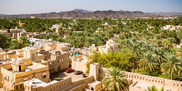 Vieilles maisons entourées de palmiers et de montagnes, Nizwa, Oman.