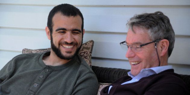 EDMONTON, AB - MAY 9: Omar Khadr on May 9, 2015, with his longtime Canadian lawyer Dennis Edney. Edney, along with his wife Patricia, have offered the 28-year-old their home while he is out on bay after nearly 13 years in prison. (Michelle Shephard/Toronto Star via Getty Images)