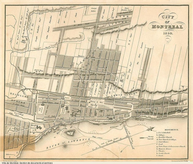 Une carte de Montréal datant de 1830. La jeune Université McGill était encerclée par le ruisseau Burnside et le ruisseau de la rue Sainte-Catherine, rue qui n'existait pas encore. La rue Sherbrooke s'appelait Mary Street et n'atteignait pas encore l'université.