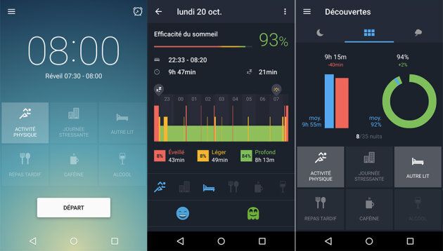 Une capture d'écran de l'application "Sleep Better", qui analyse les phases de sommeil et "note" leur efficacité. Tout à gauche, l'écran à remplir au coucher.