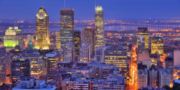 High angle view of downtown Montreal from Mount Royal at blue hour