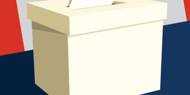 Hand inserting paper into ballot box with Canadian flag in background.