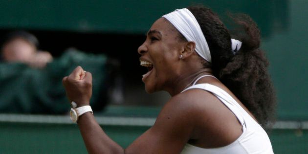 Serena Williams of the United States celebrates winning the singles match against Victoria Azarenka of Belarus, at the All England Lawn Tennis Championships in Wimbledon, London, Tuesday July 7, 2015. Williams won 3-6, 6-2, 6-3. (AP Photo/Pavel Golovkin)