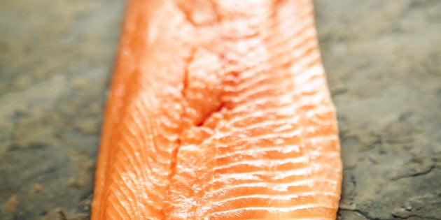 Fish and seafood: Trout fillet, skin side down, with salt and pepper, on slate.