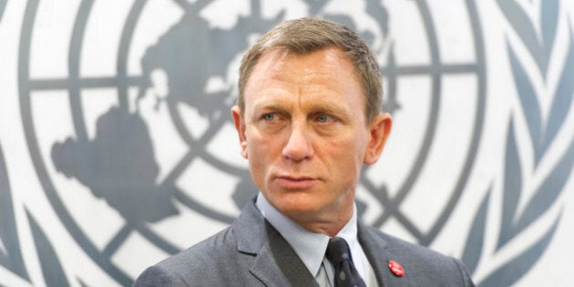 In this photo provided by the United Nations, English actor Daniel Craig attends a ceremony in New York where he was named a UN Global Advocate for the Elimination of Mines and Explosive Hazards. (Mark Garten/United Nations via AP)