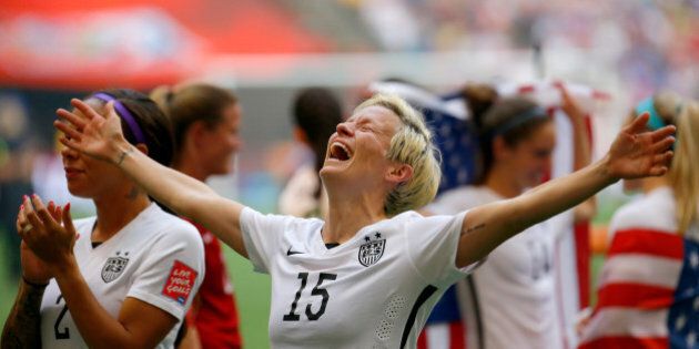 VANCOUVER, BC - JULY 05: Megan Rapinoe #15 of the United States celebrates the 5-2 victory against Japan in the FIFA Women's World Cup Canada 2015 Final at BC Place Stadium on July 5, 2015 in Vancouver, Canada. (Photo by Kevin C. Cox/Getty Images)