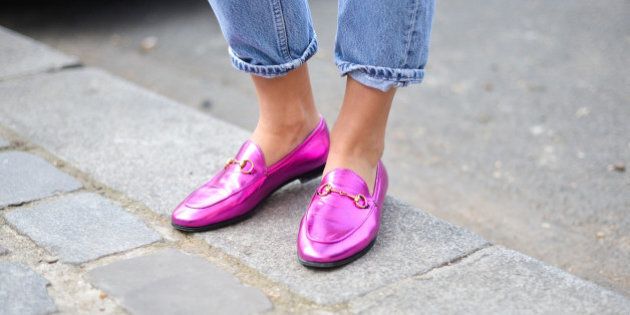 PARIS, FRANCE - OCTOBER 04: Esthelle Pigault poses wearing Gucci loafers before the Celine show at the Tennis Club de Paris during Paris Fashion Week SS16 on October 4, 2015 in Paris, France. (Photo by Vanni Bassetti/Getty Images)