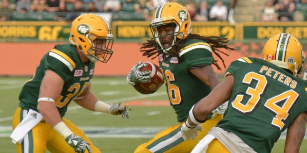 Edmonton's Kenzel Doe in action, during CFL game Edmonton Eskimos vs Ottawa Redblacks, at The Brick Field at Commonwealth Stadium in Edmonton.On Saturday, 25 June 2016, in Edmonton, Canada. (Photo by Artur Widak/NurPhoto via Getty Images)