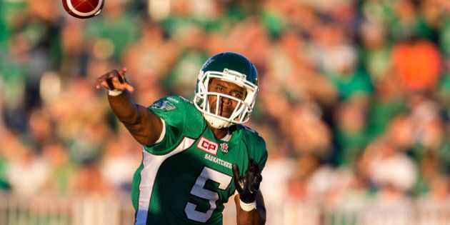 REGINA, SK - JUNE 27: Kevin Glenn #5 of the Saskatchewan Roughriders throws a pass in a game between the Winnipeg Blue Bombers and Saskatchewan Roughriders in week 1 of the 2015 CFL season at Mosaic Stadium on June 27, 2015 in Regina, Saskatchewan, Canada. (Photo by Brent Just/Getty Images)