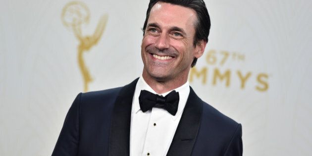 Jon Hamm with the award for outstanding lead actor in a drama series for âMad Menâ poses in the press room at the 67th Primetime Emmy Awards on Sunday, Sept. 20, 2015, at the Microsoft Theater in Los Angeles. (Photo by Jordan Strauss/Invision/AP)