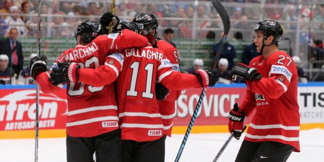 ST. PETERSBURG, RUSSIA. MAY 6, 2016. Canada's Brad Marchand, Brendan Gallagher, and Ryan Murray (L-R) celebrate scoring in their 2016 IIHF World Championship Preliminary Round Group B ice hockey match against the United States at the Yubileyny Sports Palace. Alexander Demianchuk/TASS (Photo by Alexander Demianchuk\TASS via Getty Images)