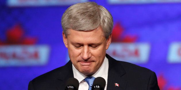 CALGARY, AB - October 19, 2015: - Prime Minister Stephen Harper reacts while addressing supporters after he lost the federal election in Calgary, Alberta, October 19, 2015. (Todd Korol/Toronto Star via Getty Images)