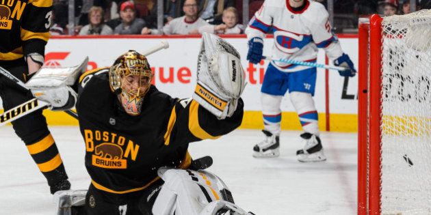 MONTREAL, QC - JANUARY 19: Tuukka Rask #40 of the Boston Bruins allows a goal in the second period during the NHL game against the Montreal Canadiens at the Bell Centre on January 19, 2016 in Montreal, Quebec, Canada. (Photo by Minas Panagiotakis/Getty Images)