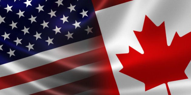 3D rendering of a merged Canadian-USA flag on satin texture. Concept of the mutually influential relations between the two countries politically and economically.