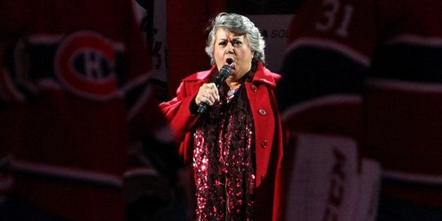 MONTREAL, QC - MAY 17: Author/composer/singer Ginette Reno performs the national anthem before Game One of the Eastern Conference Finals of the 2014 NHL Stanley Cup Playoffs between the Montreal Canadiens and the New York Rangers at the Bell Centre on May 17, 2014 in Montreal, Canada. (Photo by Francois Laplante/Freestyle Photography/Getty Images)