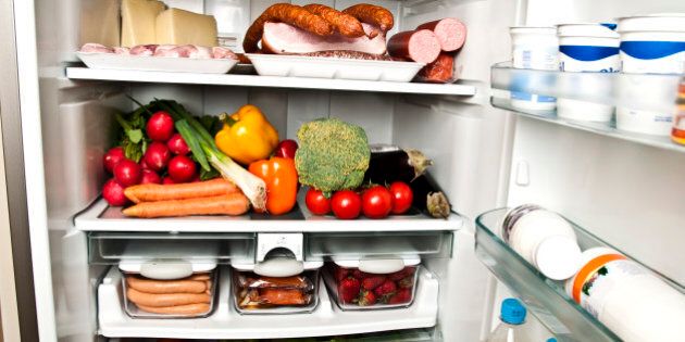 Refrigerator full of food close up