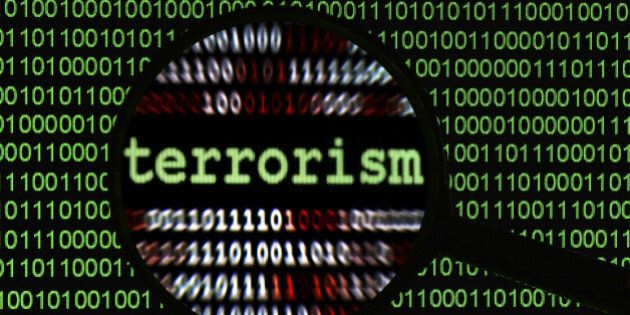Close up of magnifying glass on Web terrorism text