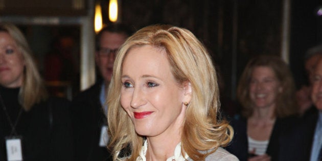 NEW YORK, NY - APRIL 09: Founder and President of Lumos and Patron of Lumos USA/ Author J.K. Rowling ceremoniously lights the Empire State Building in LumosÃ colors of purple, blue and white to mark the US launch of her non-profit organization at The Empire State Building on April 9, 2015 in New York City. (Photo by Cindy Ord/Getty Images)