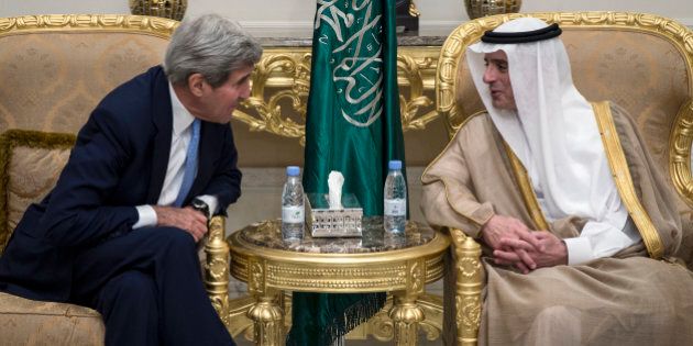 U.S. Secretary of State John Kerry meets with Saudi Arabia's Foreign Minister Adel al-Jubeir at King Salmon Air Force Station in Riyadh, Saudi Arabia, Saturday, Oct. 24, 2015. (Carlo Allegri/Pool Photo via AP)