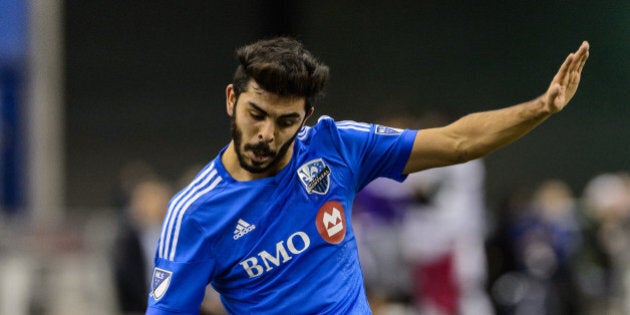 MONTREAL, QC - MARCH 28: Victor Cabrera #36 of the Montreal Impact prepares to play the ball during the MLS game against the Orlando City SC at the Olympic Stadium on March 28, 2015 in Montreal, Quebec, Canada. The game between Orlando City SC and the Montreal Impact ended in a 2-2 draw. (Photo by Minas Panagiotakis/Getty Images)