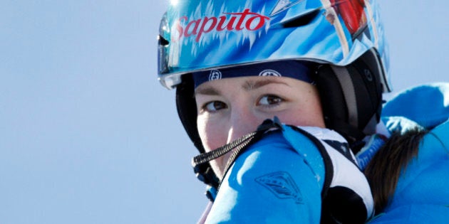 Canada's Chloe Dufour-Lapointe waits to hear her score in the ladies' moguls final at the World Cup freestyle skiing event in Wilmington, N.Y., on Thursday, Jan. 21, 2010. (AP Photo/Mike Groll)