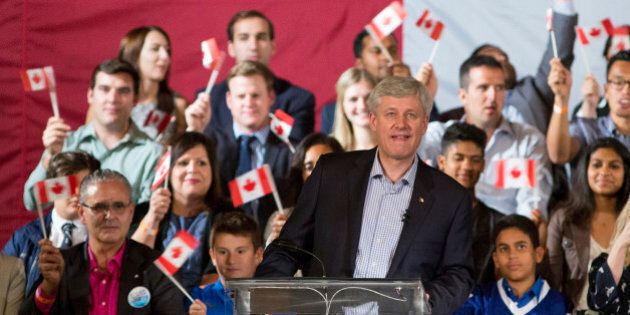 TORONTO, ON - SEPTEMBER 18 - Prime Minister Stephen Harper (pictured) appears at a campaign event along side former hockey player Wayne Gretzky at The Carlu on September 18, 2015. (Carlos Osorio/Toronto Star via Getty Images)
