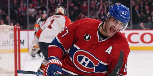 MONTREAL, QC - FEBRUARY 19: Max Pacioretty #67 of the Montreal Canadiens celebrates after scoring a shoutout goal against the Florida Panthers in the NHL game at the Bell Centre on February 19, 2015 in Montreal, Quebec, Canada. (Photo by Francois Lacasse/NHLI via Getty Images)