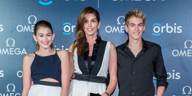 HONG KONG - JUNE 16: Supermodel and OMEGA Ambassador Cindy Crawford poses with her daughter Kaia Gerber, and son Presley Gerber as they attend 'The Hospital In The Sky' Asian premiere presented by OMEGA on June 16, 2015 in Hong Kong, Hong Kong. (Photo by Anthony Kwan/Getty Images for Omega)