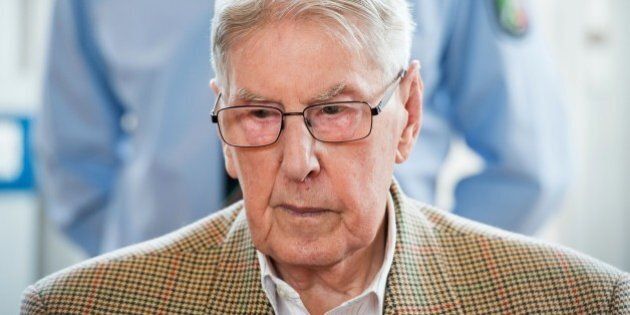 Former Auschwitz guard Reinhold Hanning is seen in court waiting for the continuation of his trial at the court in Detmold, western Germany,on April 28, 2016.The 94-year-old former Auschwitz guard is on trial for complicity in the murders of tens of thousands of people at the Nazi concentration camp. / AFP / POOL / Bernd Thissen (Photo credit should read BERND THISSEN/AFP/Getty Images)