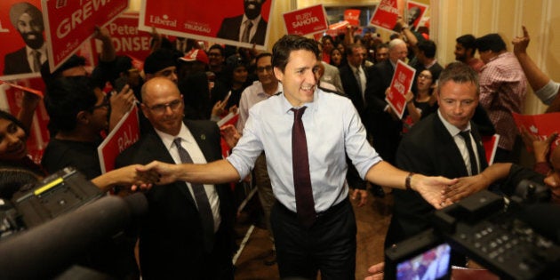 BRAMPTON, ON- AUGUST 25 - Federal Liberal Leader Justin Trudeau greets the audience as he campaigns during the Canadian Federal Election at the Embassy Grand Convention Centre in Brampton. August 25, 2015. (Steve Russell/Toronto Star via Getty Images)