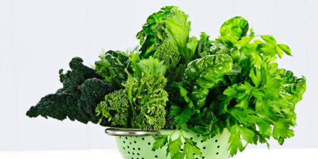 Dark green leafy vegetables in colander