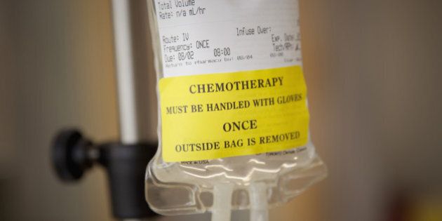 Chemo drug bag used in delivering drug treatment to a cancer patient.