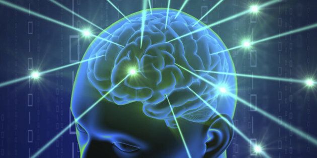 Brain in head with hi-tech cyber theme