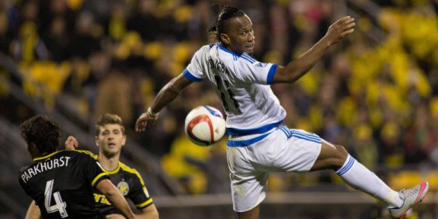 Nov 8, 2015; Columbus, OH, USA; Montreal Impact forward Didier Drogba (11) heads the ball in the second half of the game against the Columbus Crew SC at MAPFRE Stadium. Columbus beat Montreal in extra time 4-3 on aggregate. Mandatory Credit: Trevor Ruszkowski-USA TODAY Sports