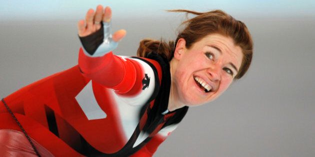 Canada's Clara Hughes reacts after the women's 5,000 meter speed skating race at the Richmond Olympic Oval at the Vancouver 2010 Olympics in Vancouver, British Columbia, Wednesday, Feb. 24, 2010. (AP Photo/Kevin Frayer)