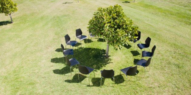 Circle of office chairs around tree in field