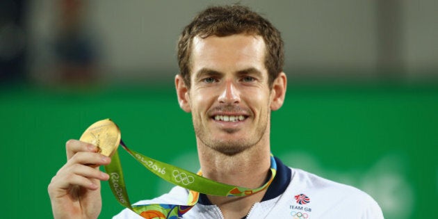 RIO DE JANEIRO, BRAZIL - AUGUST 14: Gold medalist Andy Murray of Great Britain poses on the podium during the medal ceremony for the men's singles on Day 9 of the Rio 2016 Olympic Games at the Olympic Tennis Centre on August 14, 2016 in Rio de Janeiro, Brazil. (Photo by Clive Brunskill/Getty Images)