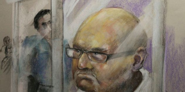 Richard Henry Bain, the suspect for the shooting at the Metropolis on Tuesday night, is being arraigned in the Montreal courthouse, in this artist's courtroom sketch made September 6, 2012. One man died and another was injured outside the theatre where Parti Quebecois PQ victory rally took place. Bain's brief court appearance was his first in public since television footage that showed police bundling him into a police car after two people were shot outside the rally after Tuesday's election. REUTERS/Mike McLaughlin (CANADA - Tags: CIVIL UNREST CRIME LAW ELECTIONS POLITICS) TV OUT. NOT FOR SALE TO TELEVISION BROADCASTERS