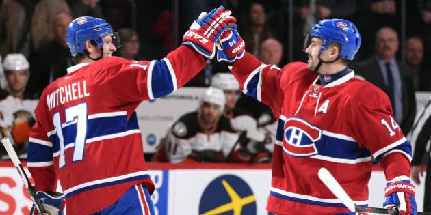 MONTREAL, QC - MARCH 22: Tomas Plekanec #14 of the Montreal Canadiens celebrates after scoring a goal against the Anaheim Ducks in the NHL game at the Bell Centre on March 22, 2016 in Montreal, Quebec, Canada. (Photo by Francois Lacasse/NHLI via Getty Images)