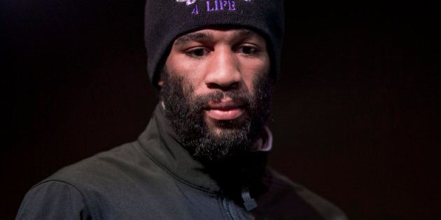IBF junior welterweight champion Lamont Peterson stands on stage during boxing news conference, Thursday, Jan. 23, 2014 in Washington. Peterson is slated to defend his title against Canadian challenger Dierry Jean on Saturday at the DC Armory. (AP Photo/Pablo Martinez Monsivais)