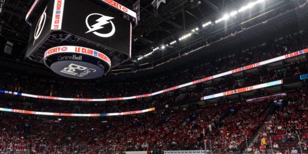 MONTREAL, QC - MAY 03: The Tampa Bay Lightning logo is displayed on the screen prior to Game Two of the Eastern Conference Semifinals against the Montreal Canadiens during the 2015 NHL Stanley Cup Playoffs at the Bell Centre on May 3, 2015 in Montreal, Quebec, Canada. The Tampa Bay Lightning defeated the Montreal Canadiens 6-2 and take a 2-0 lead in the series. (Photo by Minas Panagiotakis/Getty Images)