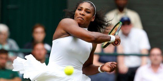 LONDON, UNITED KINGDOM - JULY 9: Serena Williams of USA in action against Angelique Kerber (not seen) of Germany in the women's singles finals match on day twelve of the 2016 Wimbledon Championships at the All England Lawn and Croquet Club in London, United Kingdom on July 09 2016. (Photo by Lindsey Parnaby/Anadolu Agency/Getty Images)