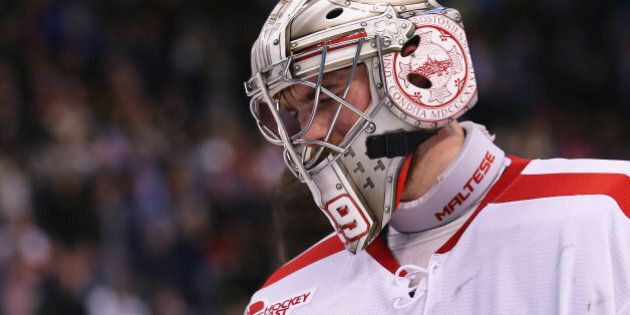 BOSTON, MA - APRIL 11: Matt O'Connor #29 of the Boston University Terriers looks on after the 2015 NCAA Division I Men's Hockey Championships against the Providence Friars at TD Garden on April 11, 2015 in Boston, Massachusetts.The Friars defeated the Terriers 4-3. (Photo by Maddie Meyer/Getty Images)