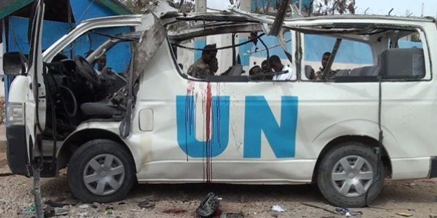 GRAPHIC CONTENTBlood is seen in the shell of a UN van following a bomb attack that killed at least six UN workers on April 20, 2015 in the northeastern town of Garowe. Somalia's Al-Qaeda-affiliated Shebab insurgents claimed responsibility for the attack, in which they exploded a huge bomb in a staff bus, branding the United Nations a 'colonisation force in Somalia'. AFP PHOTO/STRINGER (Photo credit should read STRINGER/AFP/Getty Images)