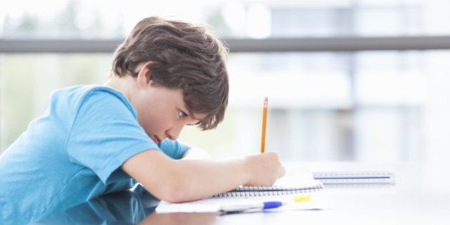 Boy (8-9) doing homework